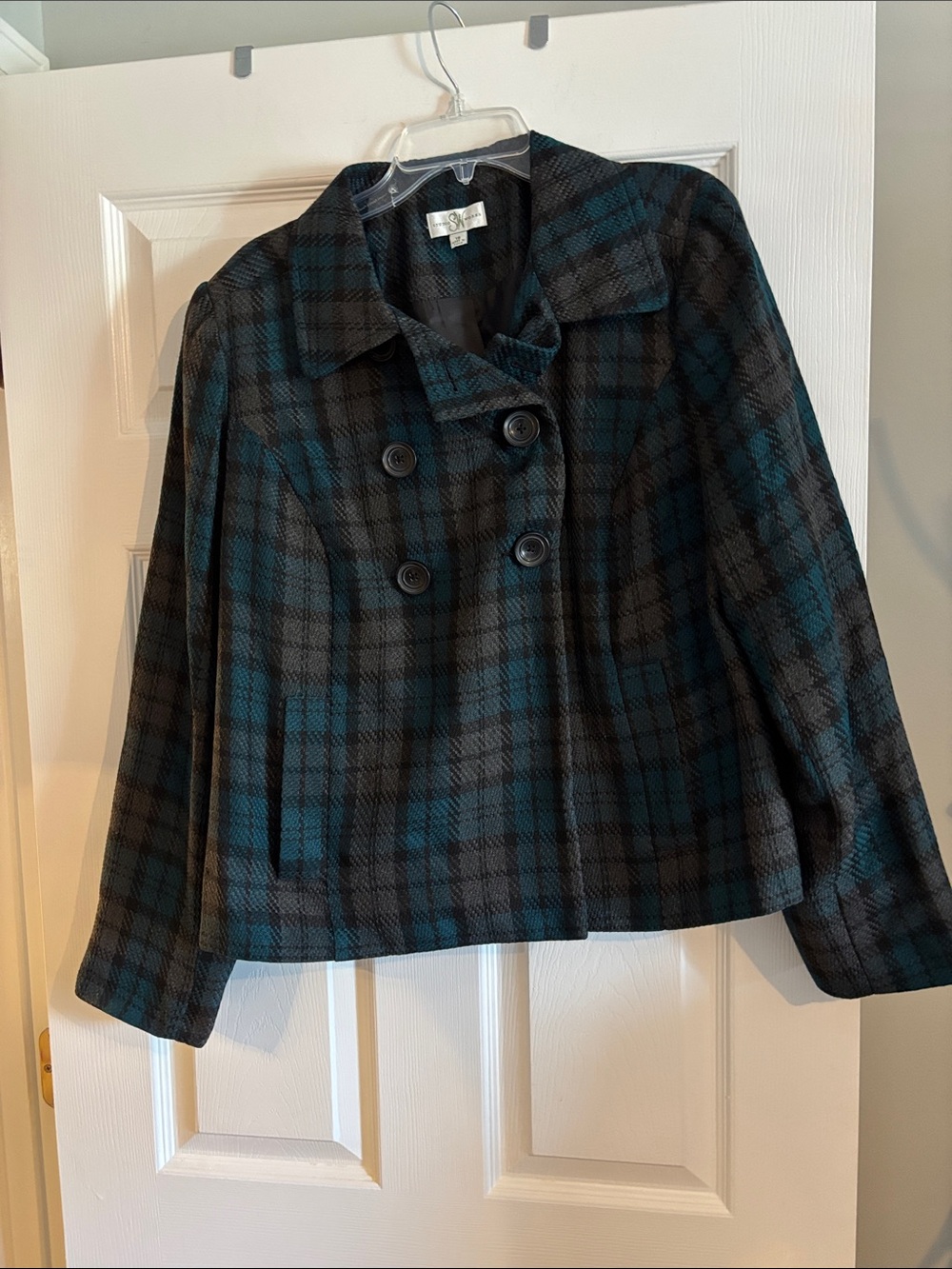 Studio Works Teal and Black Plaid Double-Breasted Crop Coat
